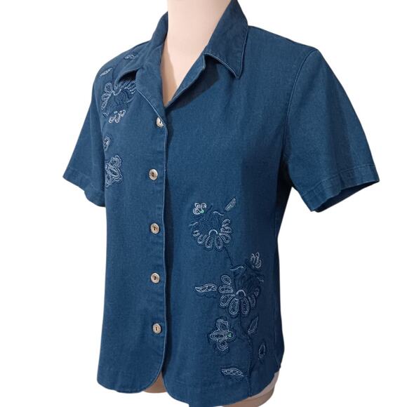 VINTAGE ALFRED DUNNER Stretch Denim Jean Top Shirt Blouse‎ 8 Floral Embroidery - Picture 1 of 9
